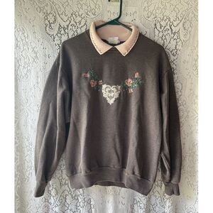Vtg 90s JERZEES Floral Heart Sweatshirt M USA Handmade 80s Couquette Cottagecore